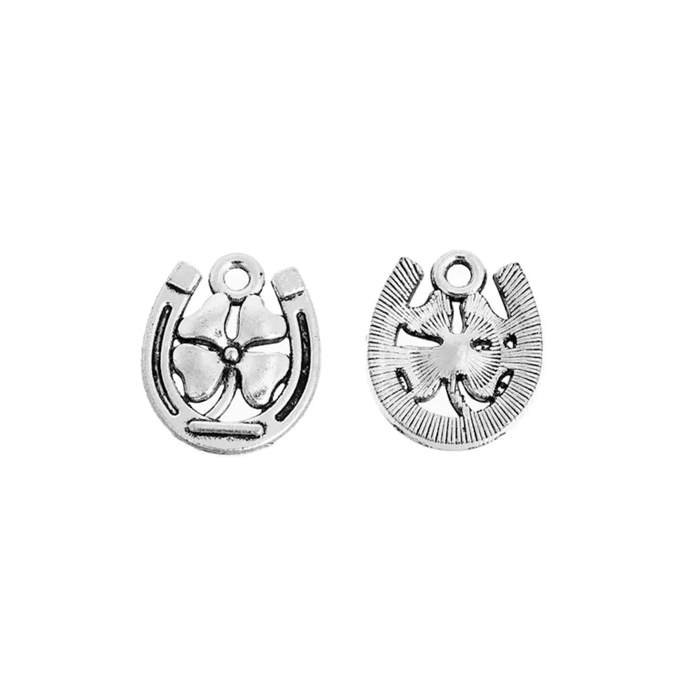 10 Pcs Tibetan Silver FOUR LEAF CLOVER WITH HORSE SHOE 18mm x 15mm Charms Pendants, Lead & Nickel Free Metal Charms Pendants Beads