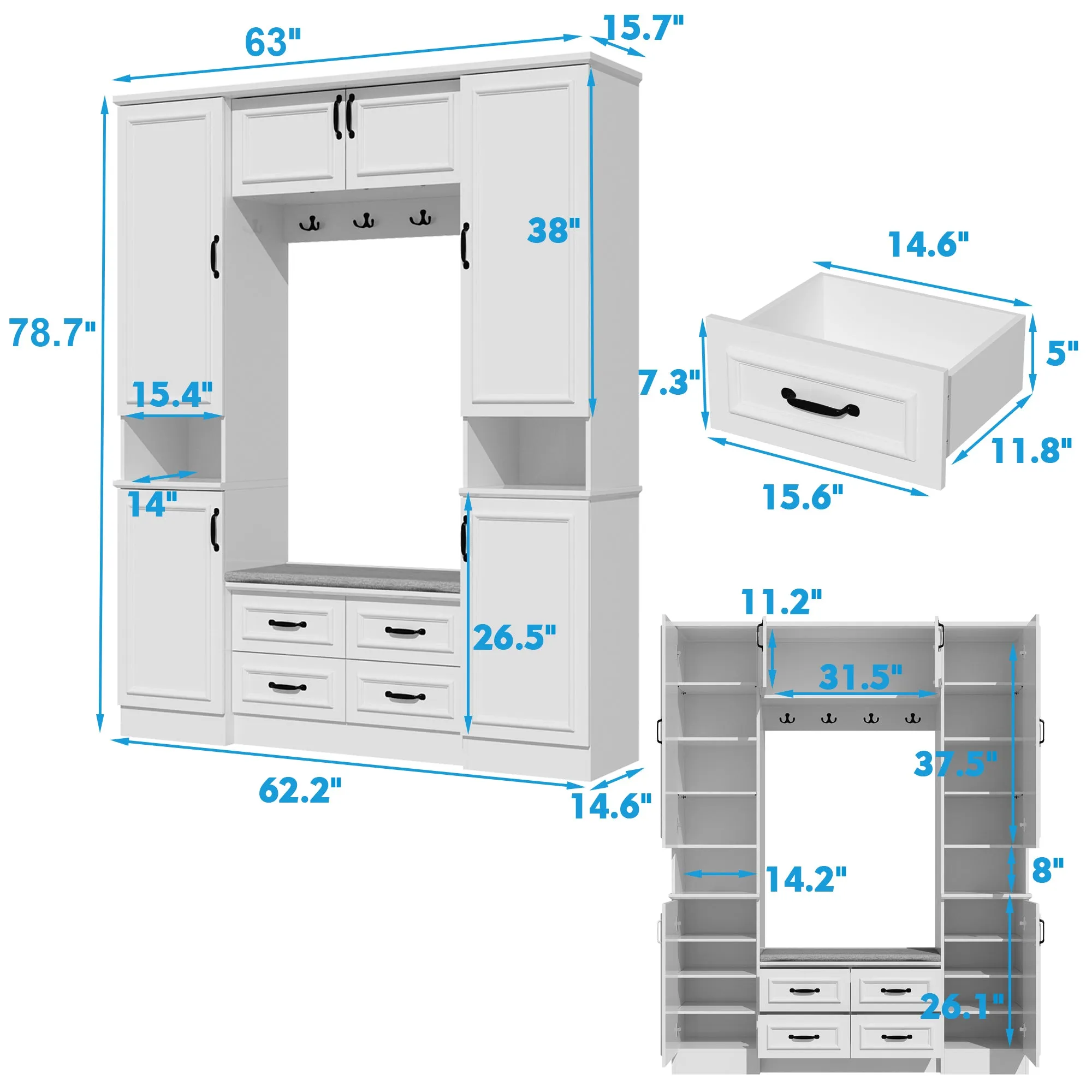 63'' Wide Hall Tree with Bench and Shoe Storage