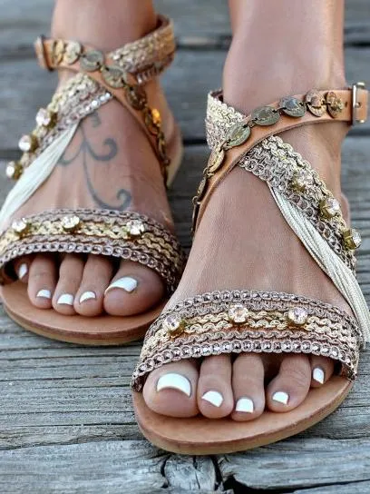 Boho Metal Decoration Flat Bottom Hollowed Casual Plus Size Beach Sandals Shoes