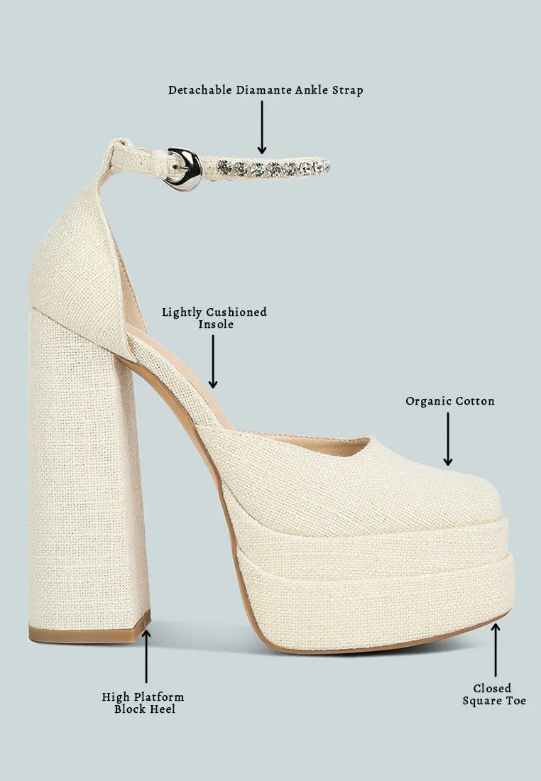 COSETTE Diamante Embellished Ankle Strap High Block Heel Sandals in Off White