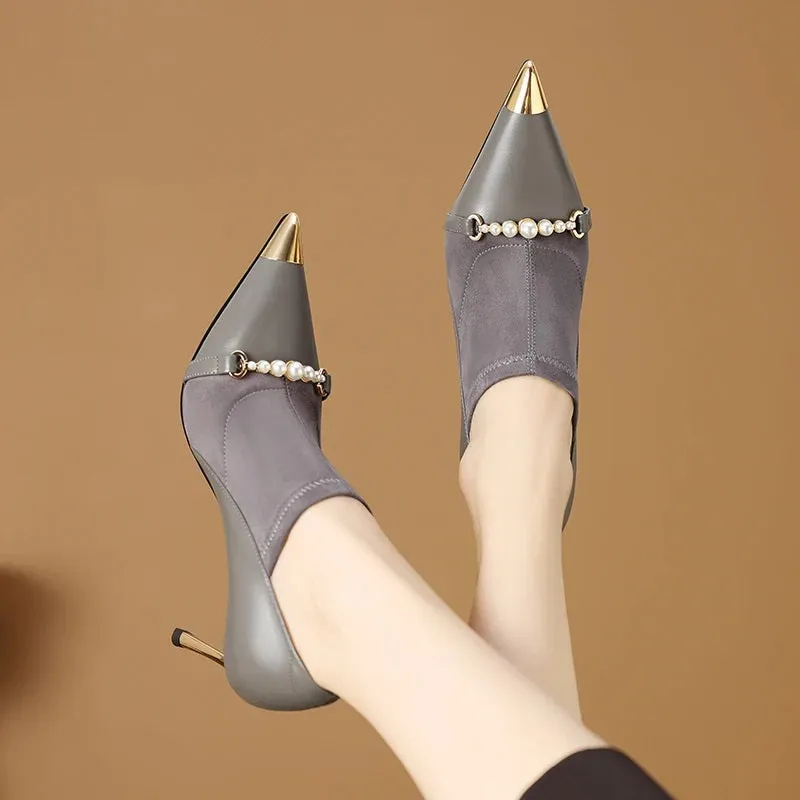 Elite Glam Suede Leather with Pearl Decor Stiletto Heels