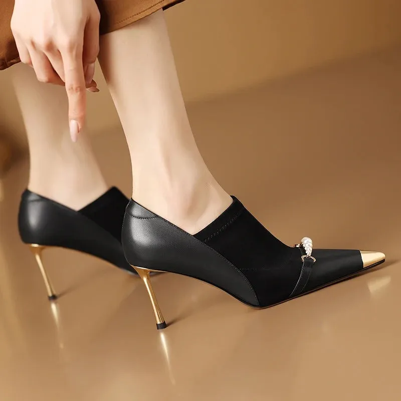 Elite Glam Suede Leather with Pearl Decor Stiletto Heels