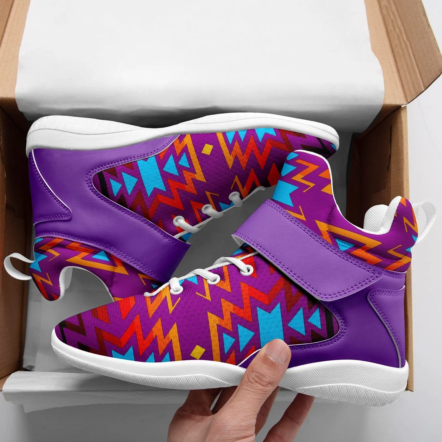 Fire Colors and Turquoise Purple Ipottaa Basketball / Sport High Top Shoes - White Sole