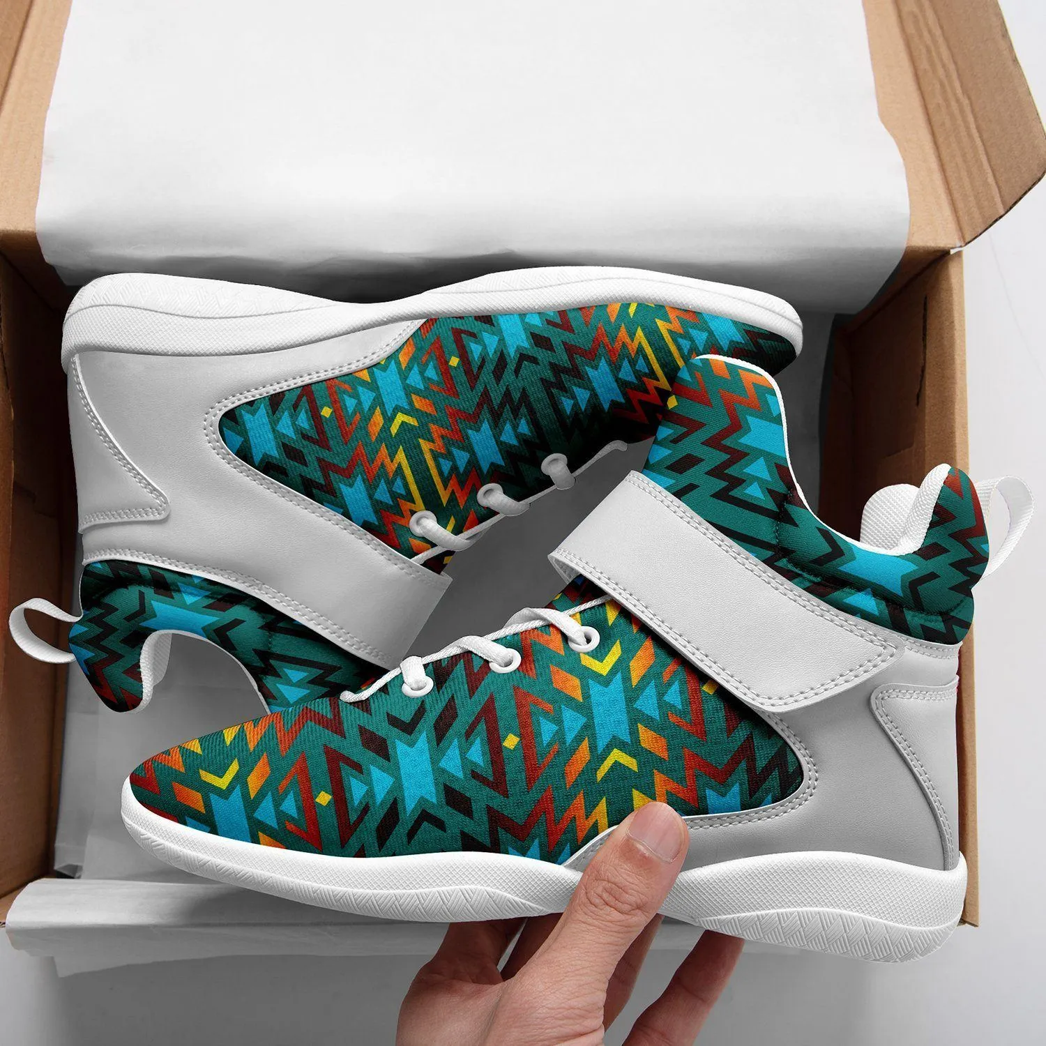 Fire Colors and Turquoise Teal Ipottaa Basketball / Sport High Top Shoes - White Sole