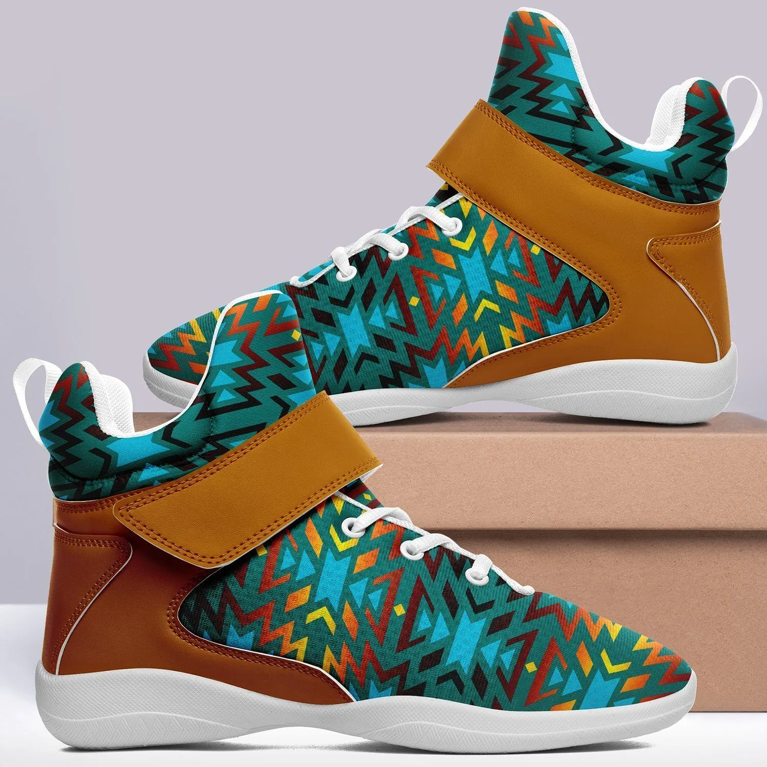 Fire Colors and Turquoise Teal Kid's Ipottaa Basketball / Sport High Top Shoes