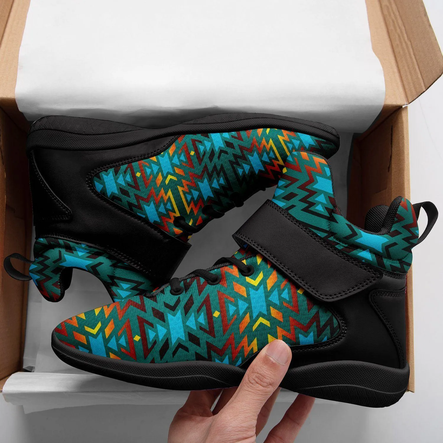 Fire Colors and Turquoise Teal Kid's Ipottaa Basketball / Sport High Top Shoes