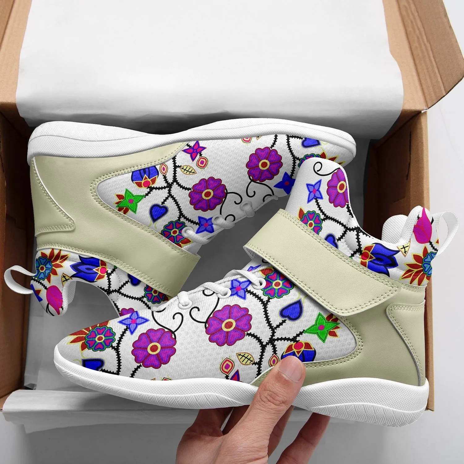 Floral Beadwork Seven Clans White Ipottaa Basketball / Sport High Top Shoes - White Sole