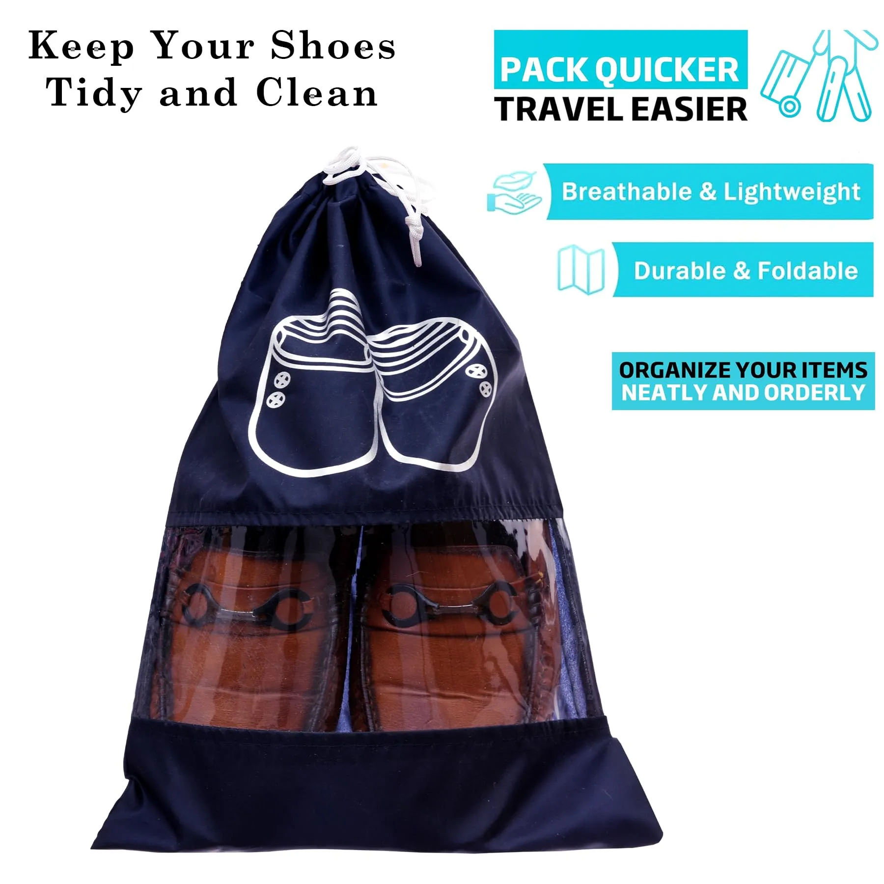 Heart Home Shoe Cover | Travel Shoe Storage Bags | Polyester Storage Bags | Drawstring Shoe Cover | Clear Transparent Shoe Storage Organizer | Pack of 18 | Navy Blue