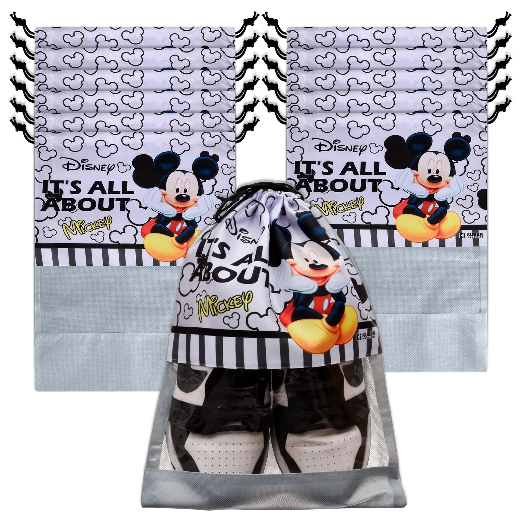 Kuber Industries Disney Mickey Shoe Cover | Travel Shoe Storage Bags | Polyester Storage Bag | Drawstring Shoe Cover | Shoe Organizer with Clear Window | Pack of 12 | Gray