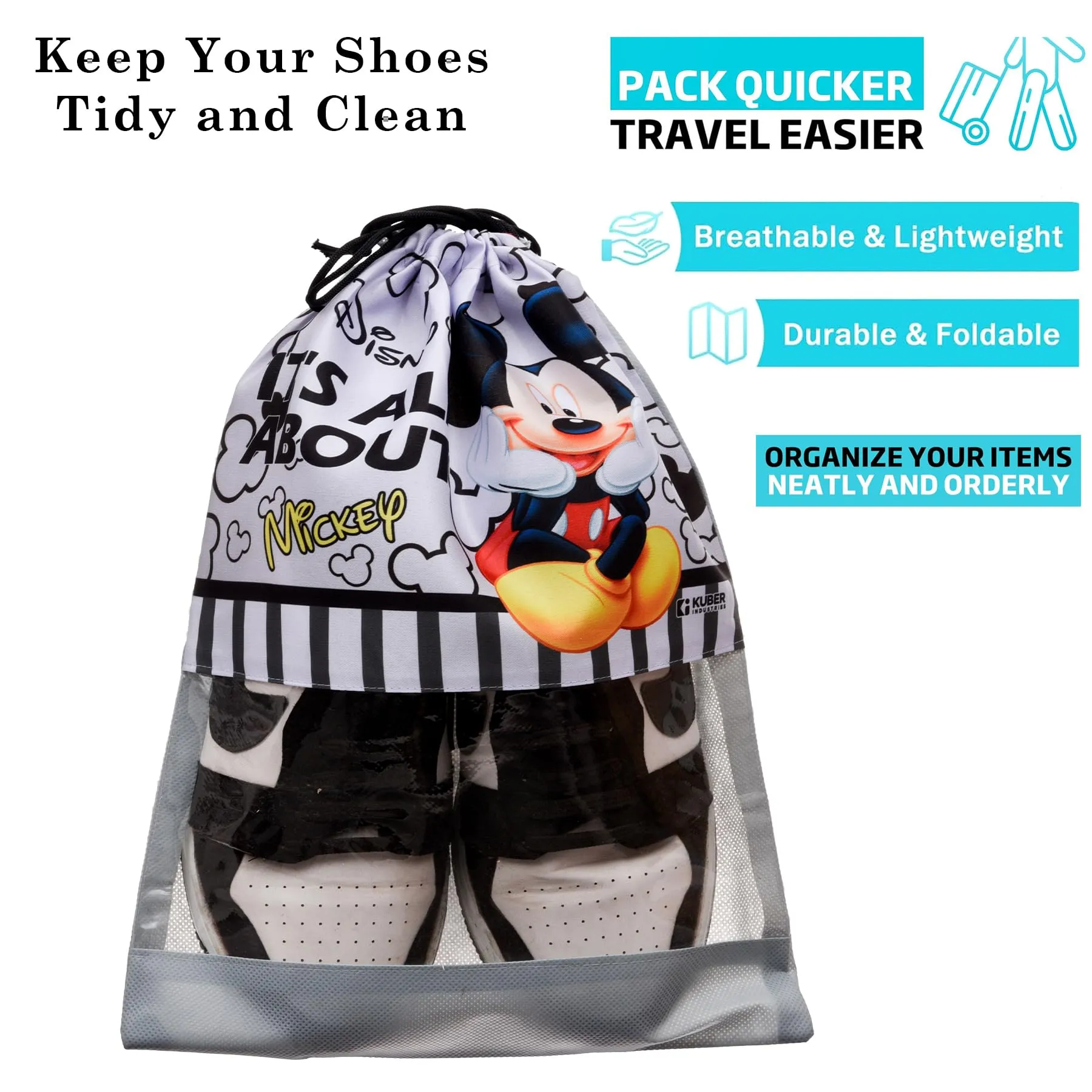 Kuber Industries Disney Mickey Shoe Cover | Travel Shoe Storage Bags | Polyester Storage Bag | Drawstring Shoe Cover | Shoe Organizer with Clear Window | Pack of 12 | Gray