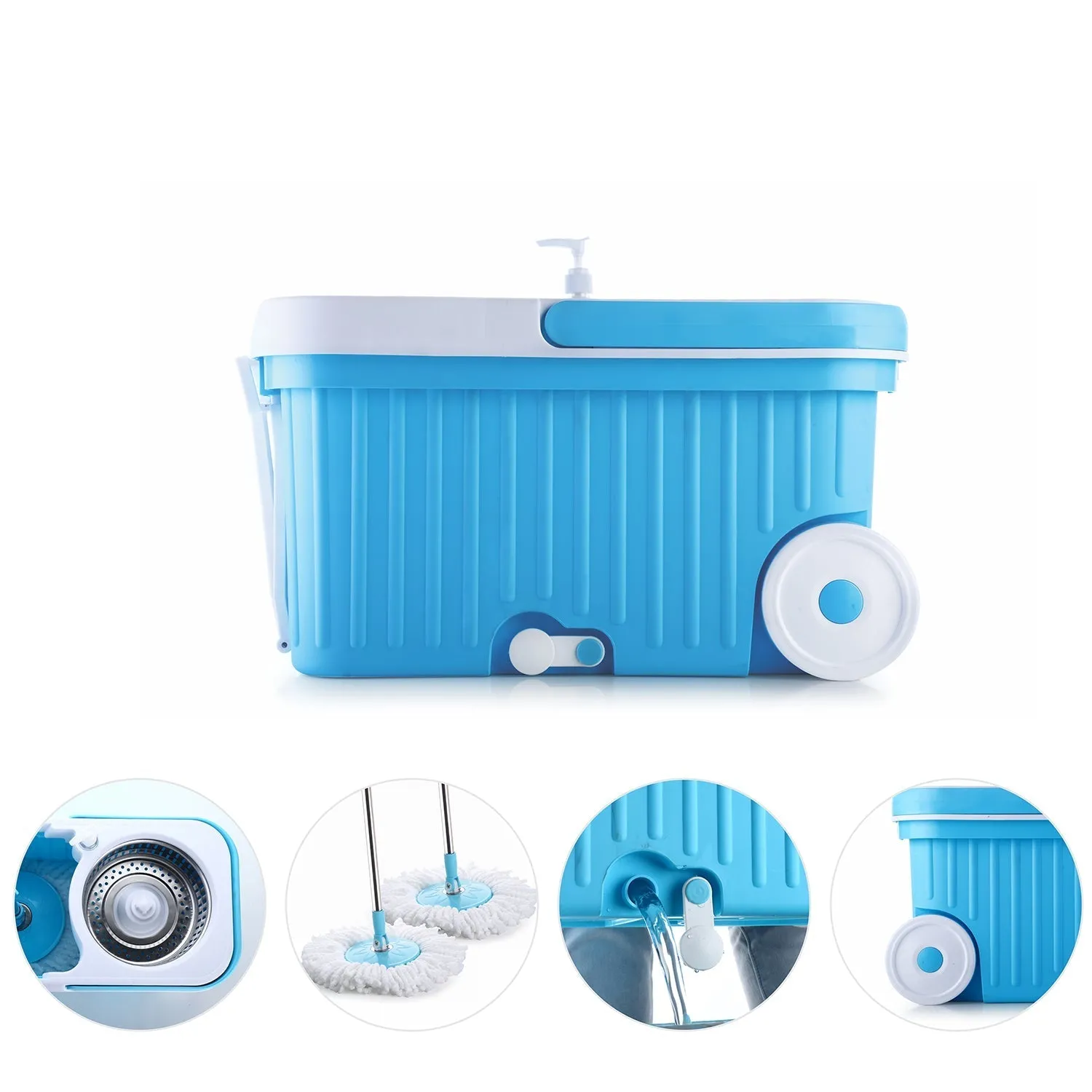 Sporty Plastic Spin Mop with Bigger Wheels and Plastic Auto Fold Handle for 360 Degree Cleaning.