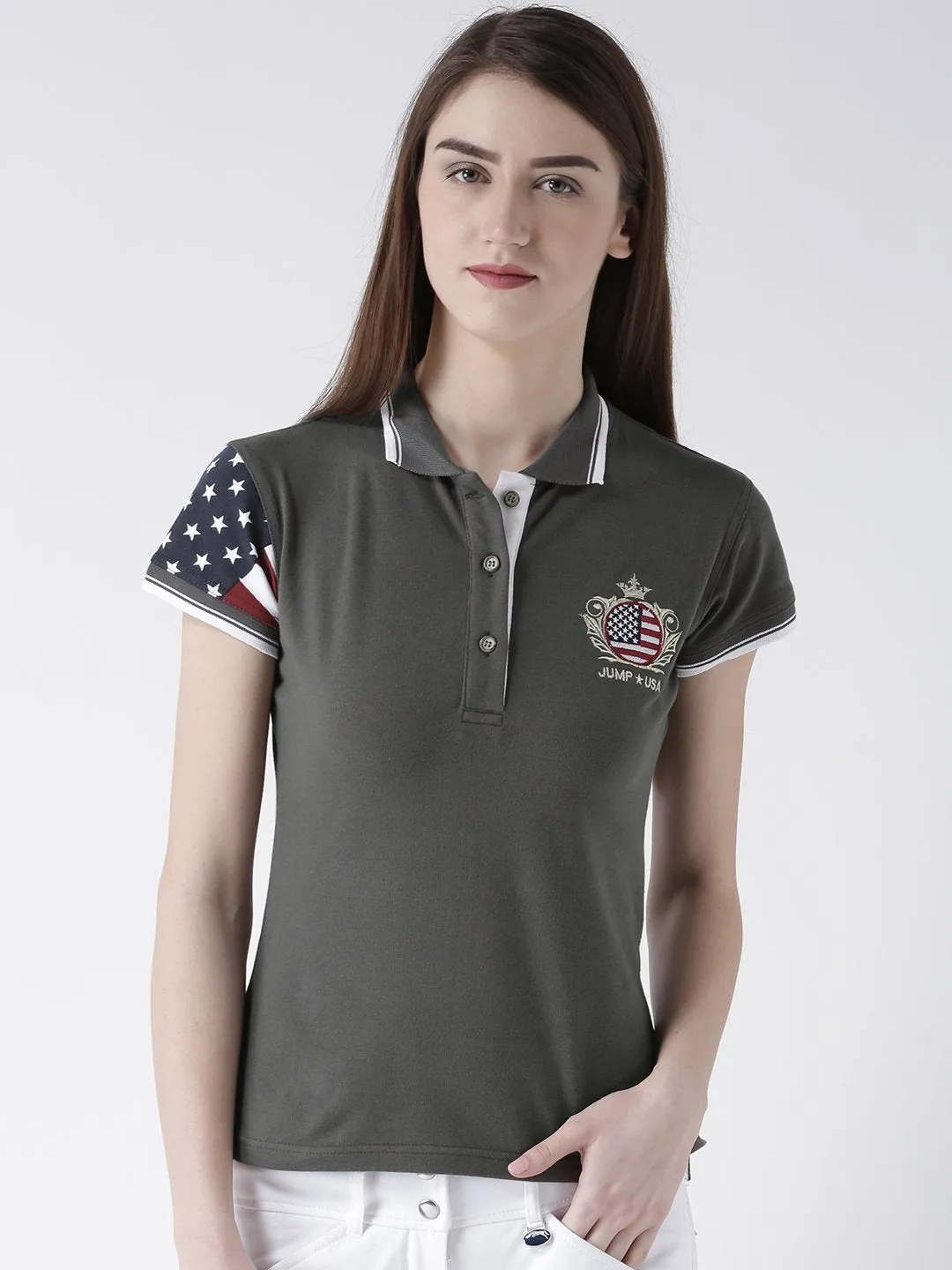 Women Charcoal Solid Polo Collar T-shirt